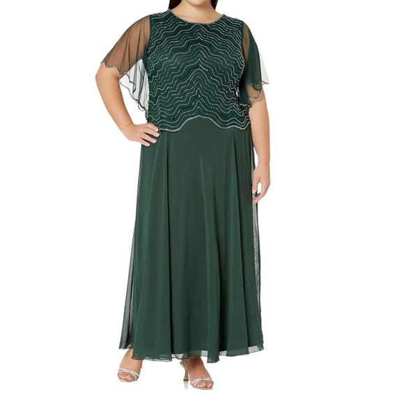 J Kara Women's Plus Size Cap Sleeve Beaded Long Dress - Special Occasion & Evening Gown
